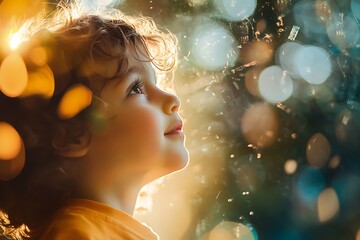 Wall Mural - Cute Little Girl Gazing Up at Sunlit Bokeh Background. Childhood Wonder and Happiness Concept