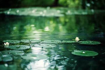 Wall Mural - Water lily pads in tranquil pond, green water reflection, zen nature scene, peaceful lake