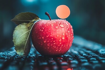 Wall Mural - Red Apple with Water Droplets and Leaf, Fresh Fruit Macro Photography