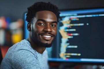 Smiling African American programmer working at his computer with code on the screen. Concept of software development, technology, coding, and IT.