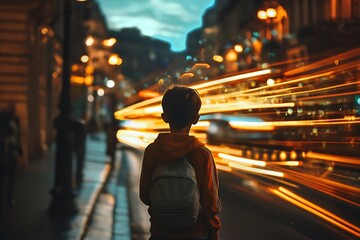 Silhouette of a young boy with backpack standing on city street, looking at light trails, concept of future and progress.