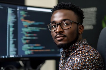 Focused Black Male Programmer Working at Computer with Code on Screen