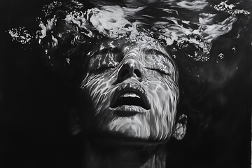 Sticker - Black and White Hyperrealistic Pencil Drawing of Woman Underwater