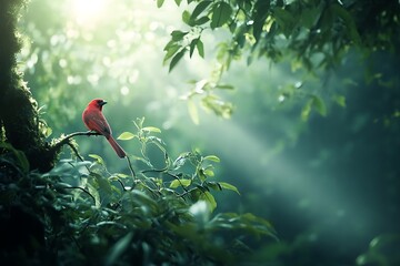 Sticker - Red cardinal bird perched on branch in green forest with sun rays. Spring, nature, wildlife, birdwatching