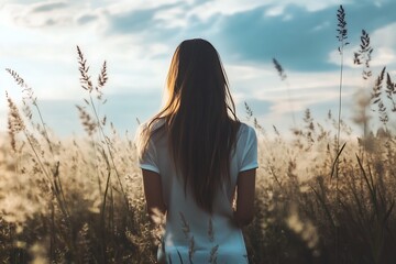 Wall Mural - Woman standing in a field at sunset, contemplating life with a calm and introspective look