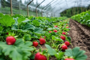 Strawberry greenhouse in Karelia Field greenhouses for seedlings Strawberry farm with long rows