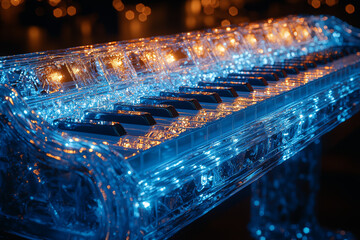 Poster - A close-up of a musical instrument with keys made of crystal and strings of light, symbolizing the fusion of art and technology in music.