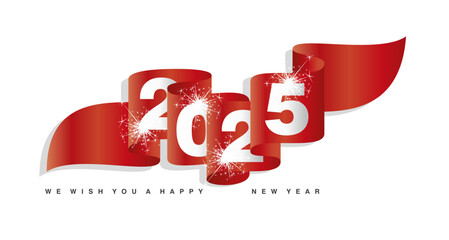 Wall Mural - New Year 2025 concept design template with sparkle firework white silver 2025 on red wavy ribbon. Premium vector design element for poster, banner, greeting card