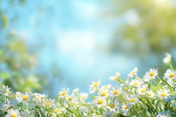 Beautiful blurred spring background nature with blooming glade chamomile, trees and blue sky on a sunny day, ai