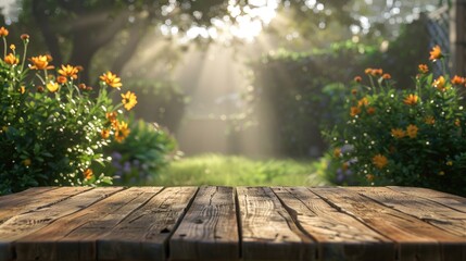 old vintage wooden platform for product display or presentation. product showcasing mock up with blurred green natural garden.