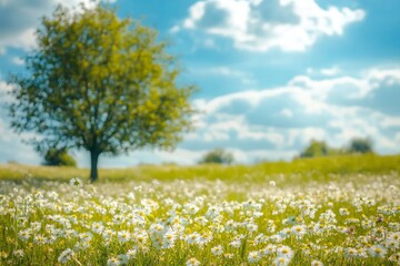 Beautiful blurred spring background nature with blooming glade chamomile, trees and blue sky on a sunny day, ai