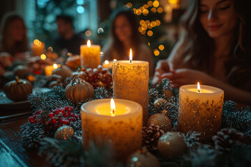 Sticker - A person lighting candles on a Christmas Eve table, preparing for a family gathering. Concept of tradition and the warmth of home.