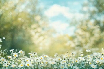 Beautiful blurred spring background nature with blooming glade chamomile, trees and blue sky on a sunny day, ai