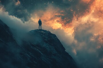 Silhouette of a man standing on a mountain top against a dramatic sunset sky with stars