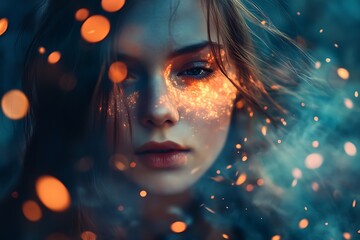 Canvas Print - Woman with fire and light effects on her face. Mystical, magical and fantasy concept art