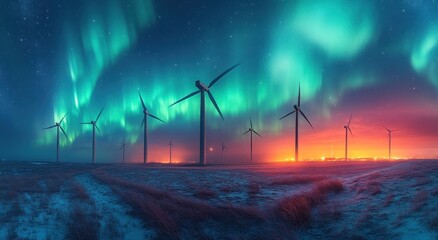 Wall Mural - Wind Turbines Under the Aurora Borealis