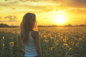 Woman in a field of sunflowers watching the sunset.  Summer vibes, hope, and carefree living