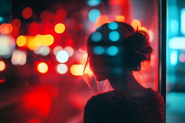 Silhouette of woman looking out window at night city lights, bokeh effect, neon, urban