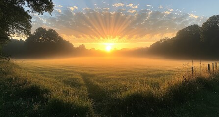 Sticker - Golden Sunrise Over Foggy Field