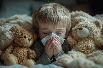 Canvas Print - A child coughing into a tissue, surrounded by comforting blankets and stuffed animals. Concept of nurturing care during a cold.