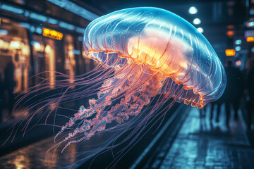 Canvas Print - An enormous, glowing jellyfish drifting gracefully through a metropolitan subway station, leaving a trail of bioluminescent light.