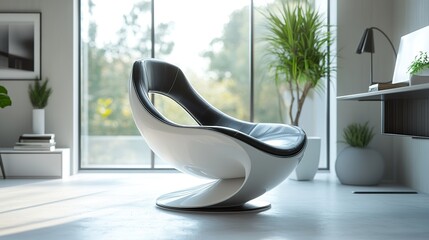 Futuristic swivel chair with ergonomic curves, set in a bright, modern home office with natural light.