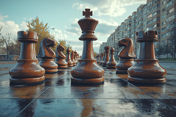 Poster - A series of enormous, floating chess pieces creating a dynamic game over a modern city skyline, blending strategic gameplay with urban architecture.