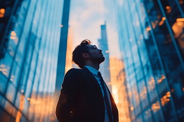 Wall Mural - Businessman looking up at skyscrapers, successful career, ambition, and future concept.