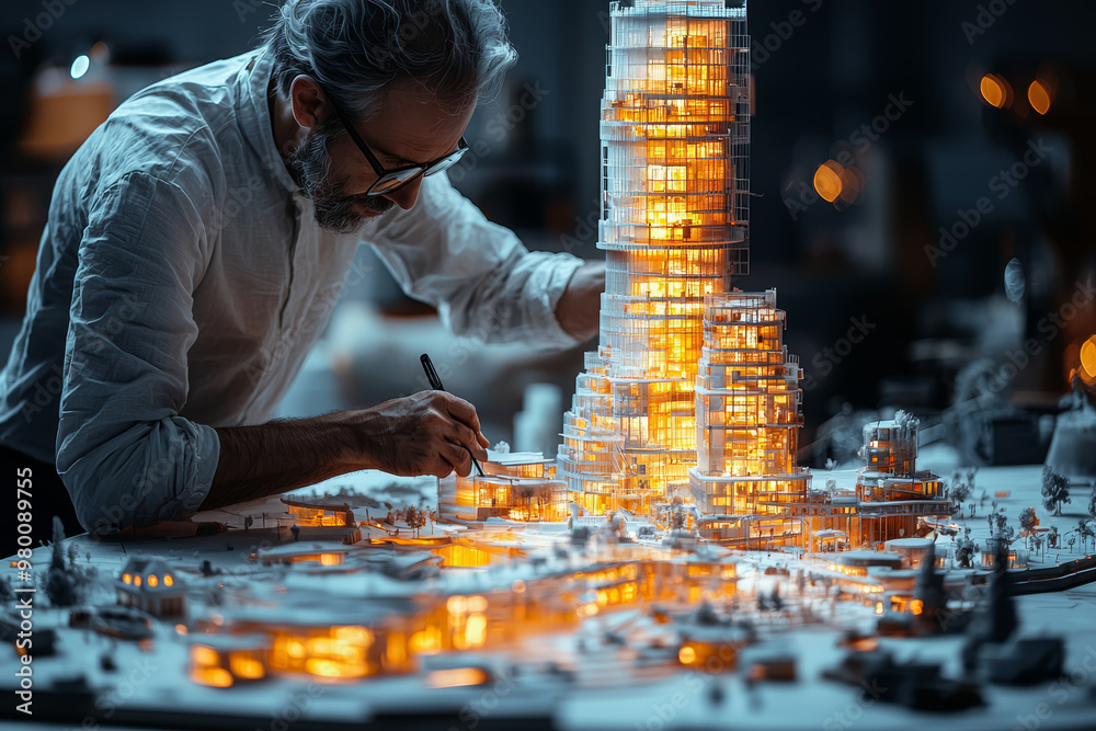A Renaissance architect designing a futuristic skyscraper with advanced ...