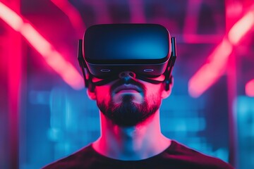 Poster - Man wearing VR headset exploring virtual reality with neon lights in background. Future, metaverse, and technology concept.