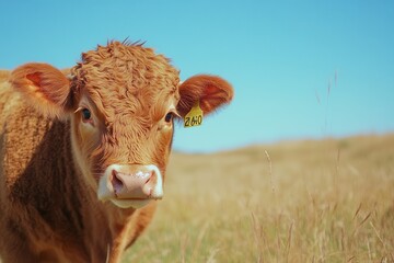 What s up brown cow The fluffy cow gazes at the camera with a blurred meadow and clear blue sky behind