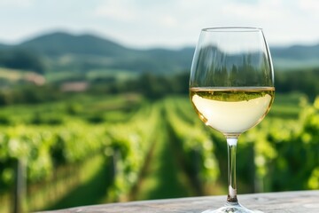 White wine glass on a table with a green vineyard backdrop