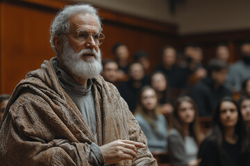 Poster - a greek philosopher discussing modern philosophical topics with students in a university lecture hal