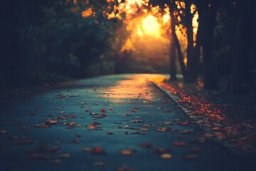 Sticker - Autumn leaves on a wet road leading towards a sunset, blurred background with trees