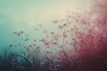 Wall Mural - Abstract Nature Background with Blurry Grass and Fog in Pink and Teal