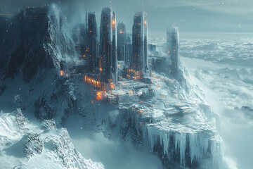 Wall Mural - A futuristic, underwater cityscape emerging from a glacier, with advanced technology contrasting sharply against the icy surroundings.