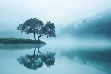 Wall Mural - Misty morning landscape with a lonely tree reflected in a still lake