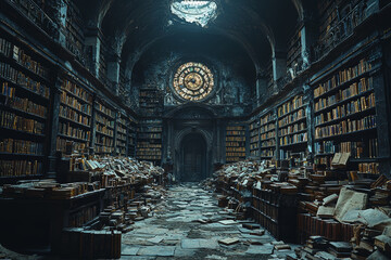 Poster - A darkened library filled with ancient, dusty books, where mysterious voices and ghostly figures are heard among the stacks. Concept of hidden knowledge and spectral presences.
