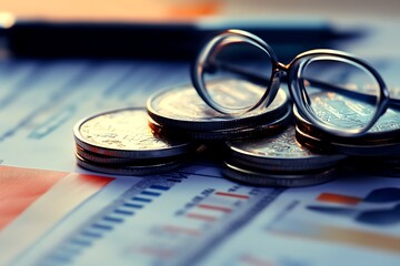 Close up of coins, eyeglasses and pen on a financial report