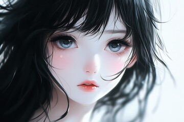 Poster - Anime girl with black hair and green eyes, looking sad and thoughtful, digital art