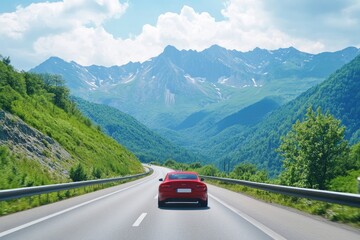 Red car driving on nature road between green mountains in summer. Nature landscape on highway for summer vacation travel. Mountain road view on beautiful nature trip in Europe. car drive highway, ai