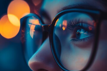 Closeup of a woman wearing eyeglasses with colorful light reflections. Concept of vision, perspective, and intelligence.