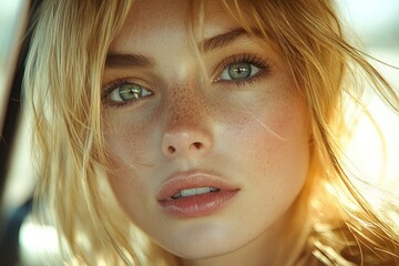 Wall Mural - Close-up Portrait of a Woman with Blonde Hair and Green Eyes