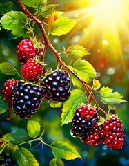 A vibrant depiction of ripe blackberries and raspberries hanging on a sunlit branch against a blurred green background. The bright colors and natural light emphasize the freshness and juicy appeal of