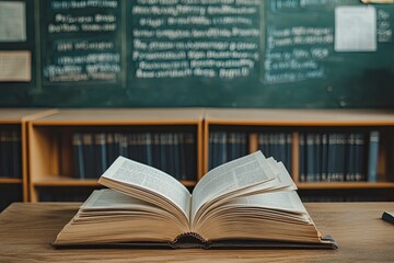 book with open pages, close up, books on the shelf in school, open book on wooden table. back to school concept, ai