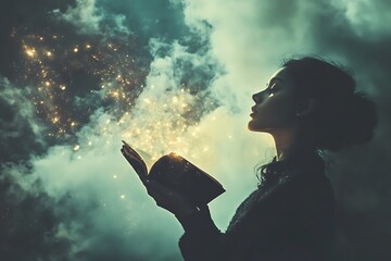 Wall Mural - Woman holding a book with magical glowing light, fantasy and magical book concept