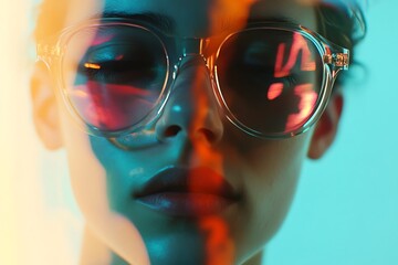 Canvas Print - Woman with neon light reflections in sunglasses and colorful lighting, trendy, futuristic, urban, cyberpunk