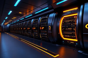 Aufkleber - A futuristic server room with glowing databases, featuring rows of data storage units and fiber optic cables