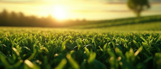 Vibrant green grass glistens in the morning sun, creating a serene landscape that captures the beauty of nature and tranquility.