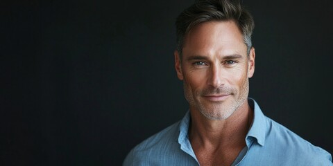 Wall Mural - A confident man smiles against a dark backdrop. His casual blue shirt adds charm to the image. The focus on his face offers a sense of engagement and trust. 
